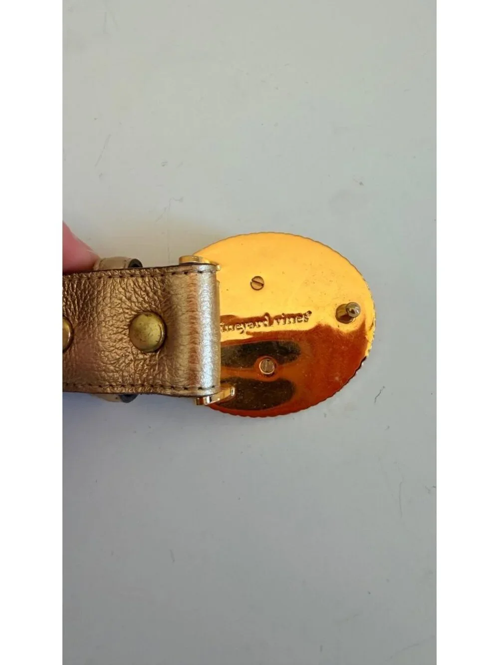 Vineyard Vines Gold Leather Belt With Pink & Navy Fabric Buckle Size L
